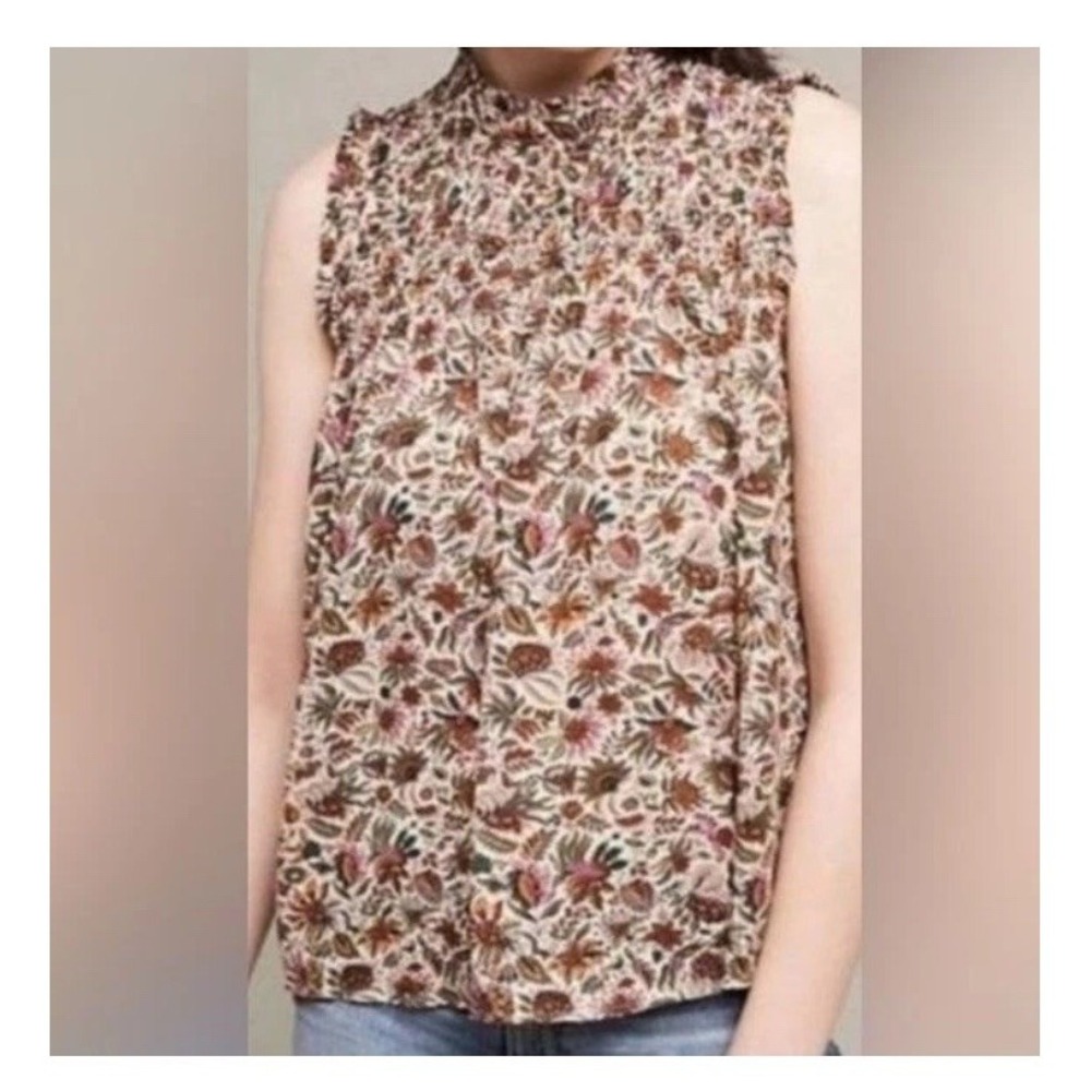 Anthropologie Maeve Sleeveless Smocked Floral Top Size 6 Multicolor Ruffled neck